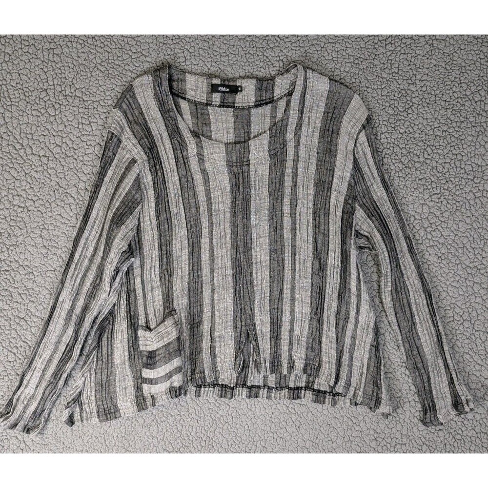 Ralston Top Women's Plisse Blouse M Linen Blend Striped Art Lagenlook Euro